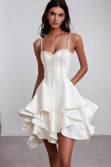 Ruffled A Line Satin White Graduation Dress
